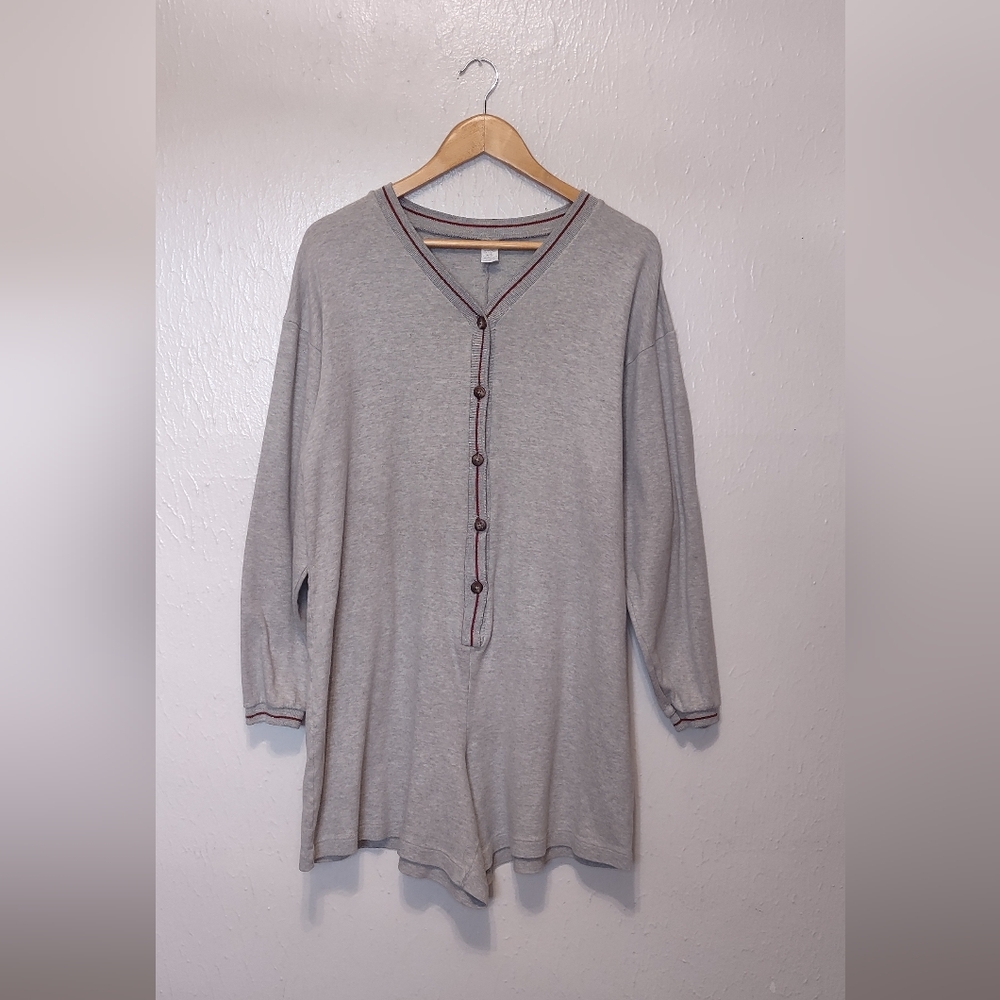 Lands' End Women's Light Gray Long Sleeve Henley Romper with Red Trim